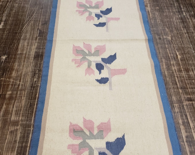 Handwoven Indian Dhurrie rug Flatweav pastel Dhurrie kelim wool Dhurrie rug 2'7×8' runner