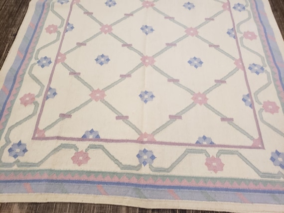 Handwoven Indian Dhurrie rug Flatweav pastel Dhurrie kelim wool Dhurrie rug 6'×9'