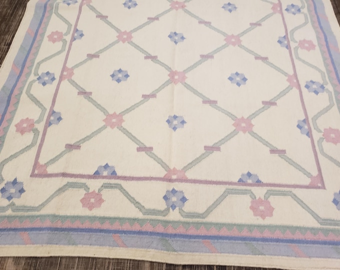 Handwoven Indian Dhurrie rug Flatweav pastel Dhurrie kelim wool Dhurrie rug 6'×9'