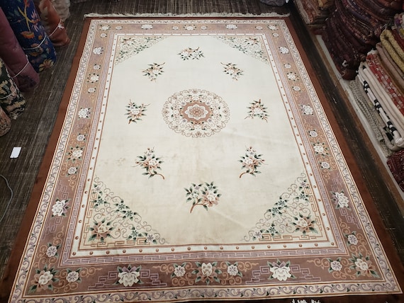Chinese Art Deco Peking rug  90 line silk hand knotted  rug Aubusson Chinese rug size 9'×12' oriental rug brown beje&green Chinese rug