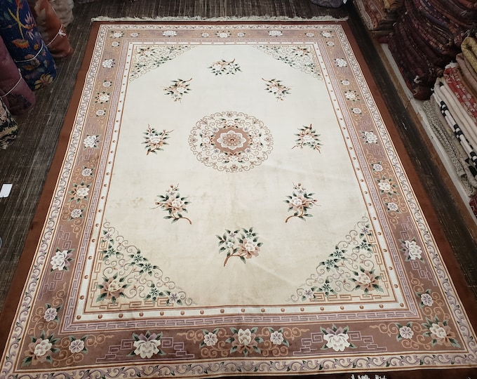 Chinese Art Deco Peking rug  90 line silk hand knotted  rug Aubusson Chinese rug size 9'×12' oriental rug brown beje&green Chinese rug