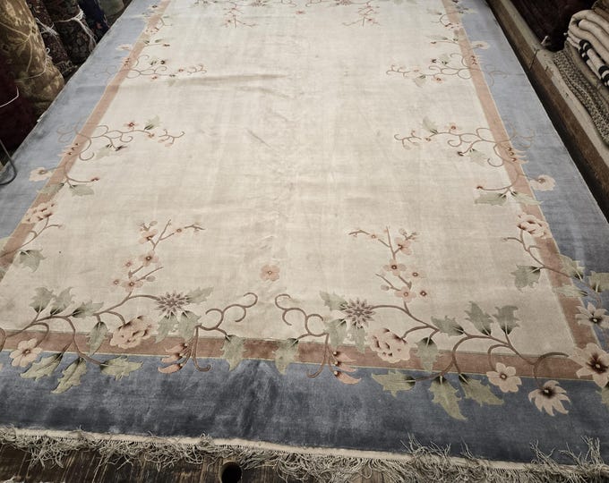Art deco Chinese silk with bird  oriental rug  silk Chinese rug carpet soft  green colors size 9'×12'