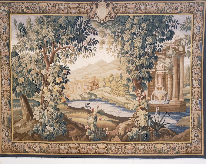 French tapestry wall hanging Aubusson flat wove rug Savanery rug Flemish carpet wool Aubusson rug European tapestry 6'×8' English tapestry