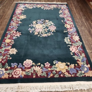 Chinese Art Deco Peking rug  90 line wool hand knotted excellent quality wool vintage Chinese rug size 5&#39;×8&#39; oriental rug light tan and gree