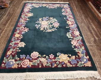 Chinese Art Deco Peking rug  90 line wool hand knotted excellent quality wool vintage Chinese rug size 5&#39;×8&#39; oriental rug light tan and gree