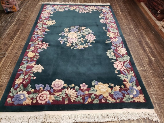 Chinese Art Deco Peking rug  90 line wool hand knotted excellent quality wool vintage Chinese rug size 5'×8' oriental rug light tan and gree