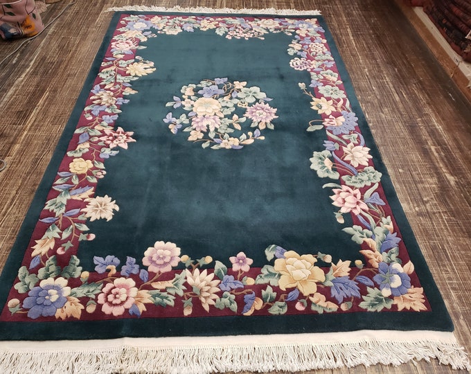 Chinese Art Deco Peking rug  90 line wool hand knotted excellent quality wool vintage Chinese rug size 5'×8' oriental rug light tan and gree
