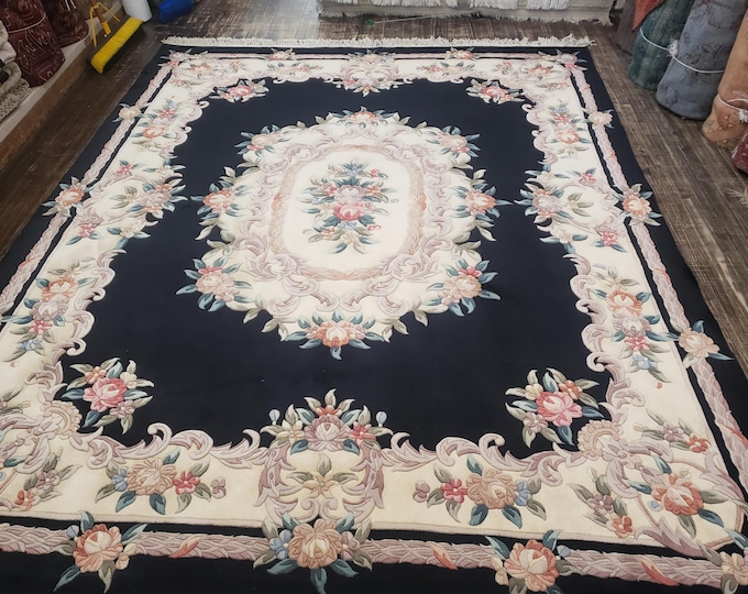 Chinese Art Deco Peking rug  90 line wool hand knotted  rug Aubusson Chinese rug size 8'×10' oriental rug square black&beige Chinese rug