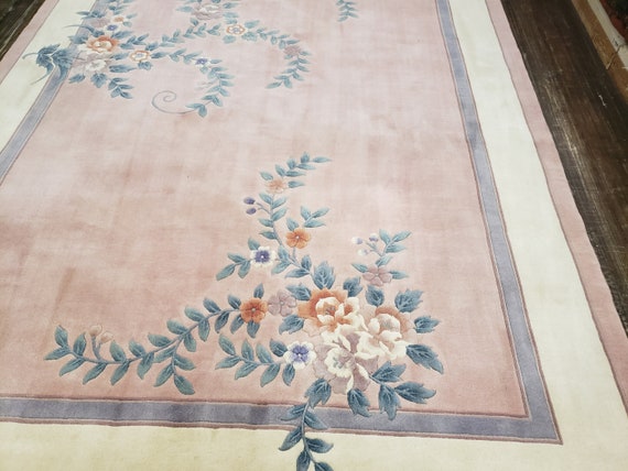 Chinese Art Deco Peking rug  90 line wool hand knotted  rug wool vintage rug size 8'×10' oriental rug pink rose  green Chinese rug