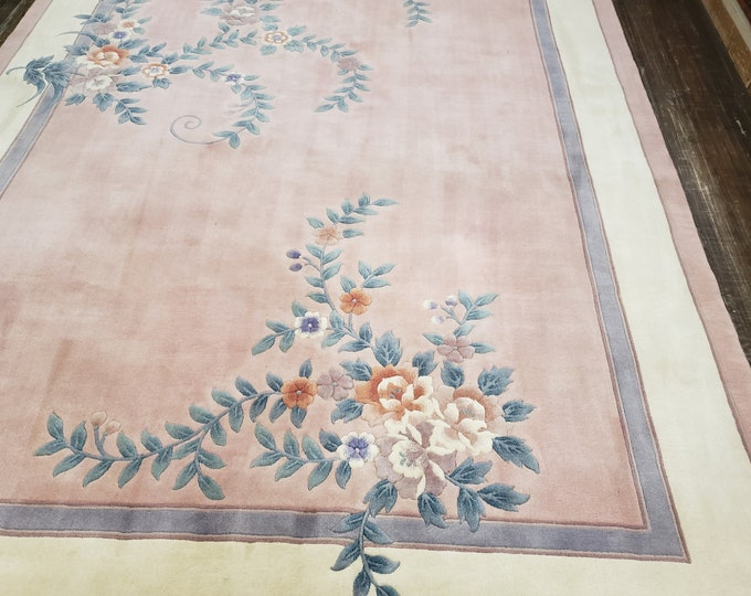 Chinese Art Deco Peking rug  90 line wool hand knotted  rug wool vintage rug size 8'×10' oriental rug pink rose  green Chinese rug