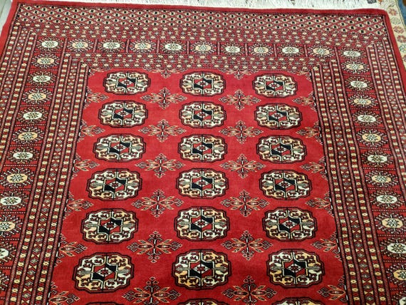 Pakistani Bokhara wool rug Tribal rug Modern rug red Bokhara rug Geometric wool rug Turkish rug hand knotted Bokhara Turkmen rug size 4×6