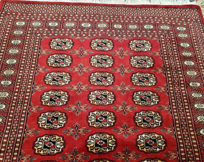 Pakistani Bokhara wool rug Tribal rug Modern rug red Bokhara rug Geometric wool rug Turkish rug hand knotted Bokhara Turkmen rug size 4×6