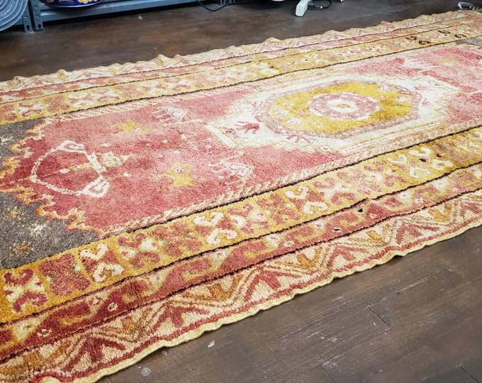 Mid-century Moraccan tribal vintage rug geometric hand knotted wool orange and red  size 4'2"×8'10"