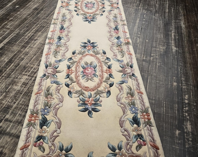 Chinese Art Deco runner Peking rug  90 line wool hand knotted  rug Aubusson Chinese rug size 2'6"×16'3" oriental rug beje&green Chinese rug
