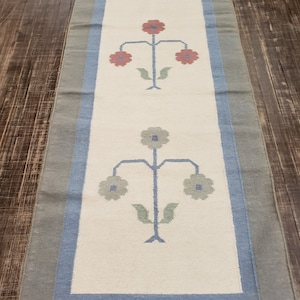 May include: A white runner rug with a blue border and a repeating pattern of stylized flowers in shades of green, red, and pink.