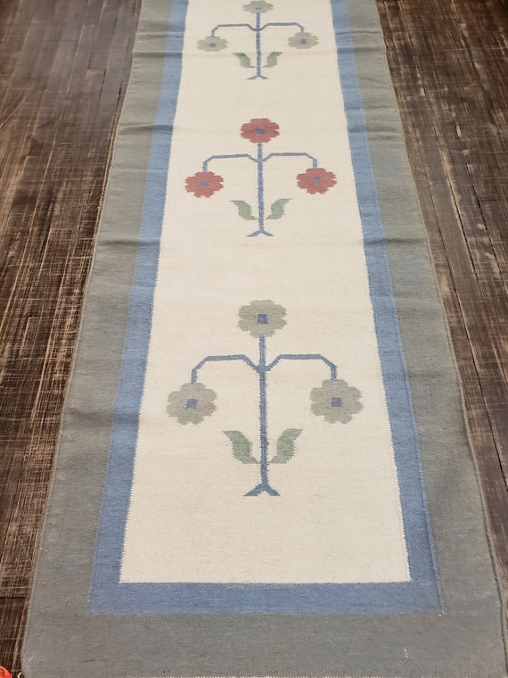 Handwoven Indian Dhurrie rug Flatweav pastel Dhurrie kelim wool Dhurrie rug 2'7×12' runner