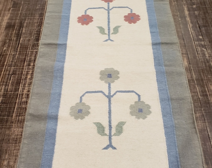 Handwoven Indian Dhurrie rug Flatweav pastel Dhurrie kelim wool Dhurrie rug 2'7×12' runner