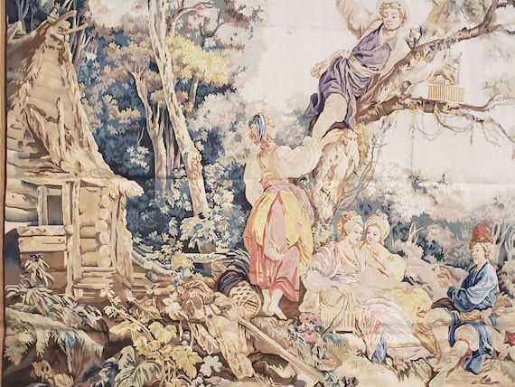 French tapestry wall hanging Aubusson flat wove rug Savanery rug Flemish carpet wool Aubusson rug European tapestry 7'×8'4" English tapestry