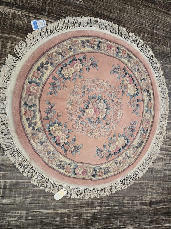 Round Chinese Art Deco Peking Rug Aubusson Chinese rug wool Chinese rug Peking rug royal blue Round rug wool Chinese rug 4'2"×4'2"