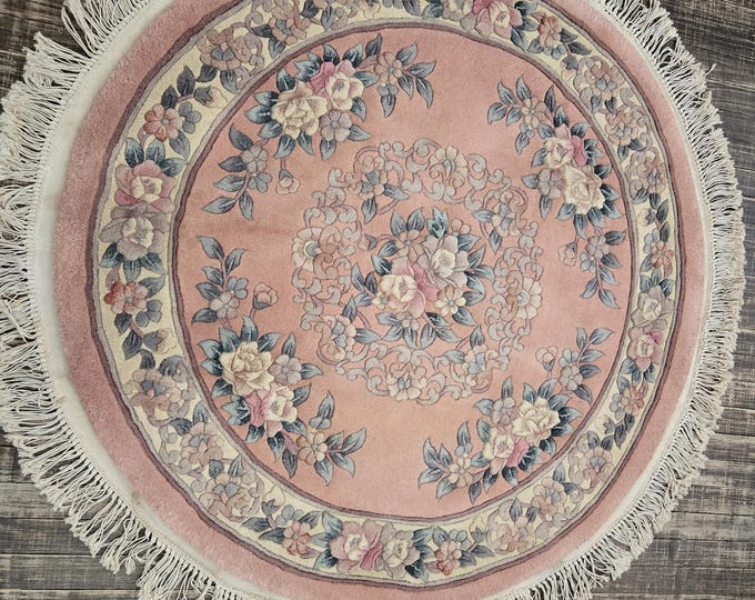 Round Chinese Art Deco Peking Rug Aubusson Chinese rug wool Chinese rug Peking rug royal blue Round rug wool Chinese rug 4'2"×4'2"