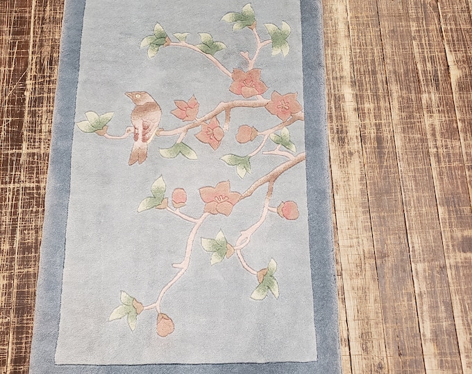 Art deco Chinese silk with bird rug oriental carpet soft colors size 1'6"×3'1"