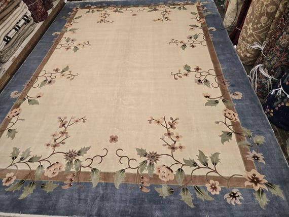 Art deco Chinese silk with bird  oriental rug  silk Chinese rug carpet soft  green colors size 9'×12'