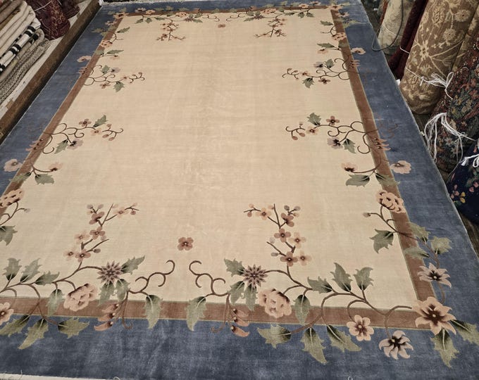 Art deco Chinese silk with bird  oriental rug  silk Chinese rug carpet soft  green colors size 9'×12'