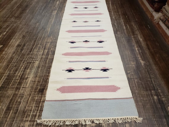 Handwoven Indian Dhurrie rug Flatweav pastel Dhurrie kelim wool Dhurrie rug 2'7×10' runner