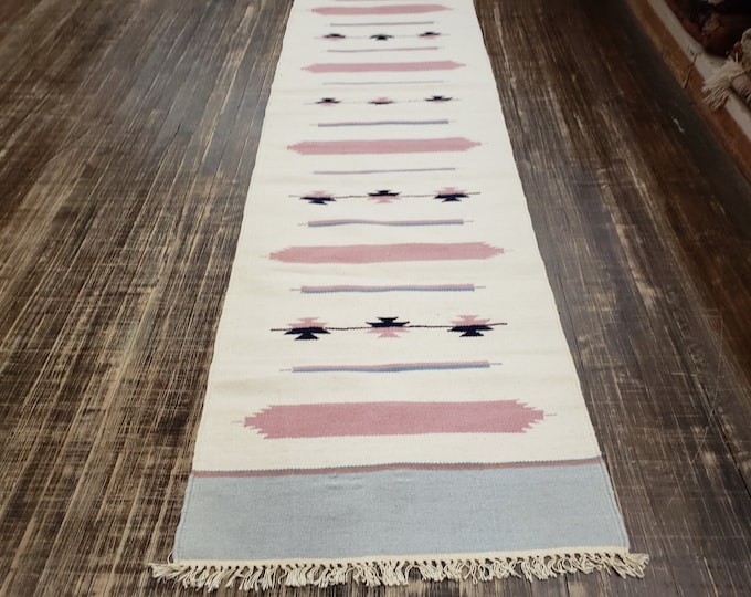Handwoven Indian Dhurrie rug Flatweav pastel Dhurrie kelim wool Dhurrie rug 2'7×10' runner