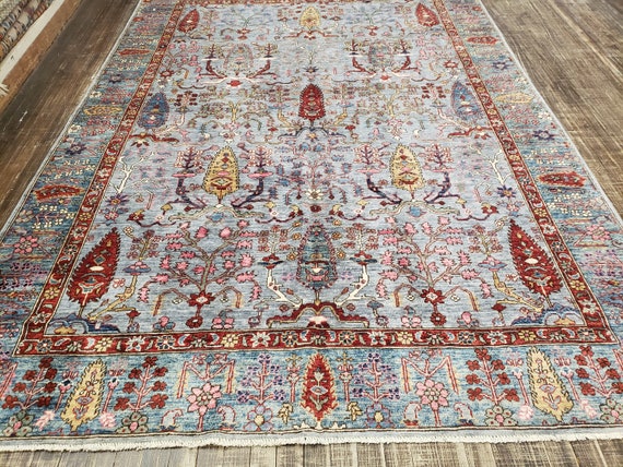 Oushak natural dyes Pakistan Mahal rug  Antigue design rug pashavar wool rug with green background vegetable dyes hand knotted 6'×9'