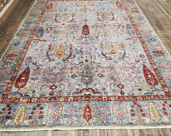Oushak natural dyes Pakistan Mahal rug  Antigue design rug pashavar wool rug with green background vegetable dyes hand knotted 6'×9'