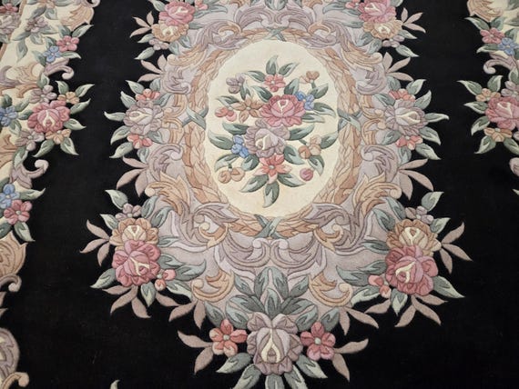 Oval Chinese Art Deco Peking Rug Aubusson Chinese rug wool Chinese rug Peking rug forest green Round rug wool Chinese rug 6'×9' black Aubuss