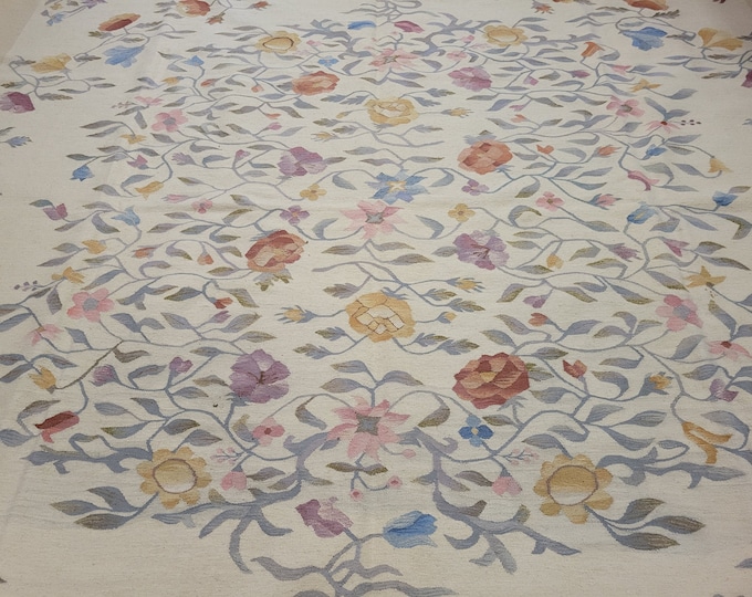 Aubusson rugs  french flat weav kilim rug Savanery rug Flemish carpet wool Aubusson rug European rugs,Needlepoint gold Aubusson 10'×13'