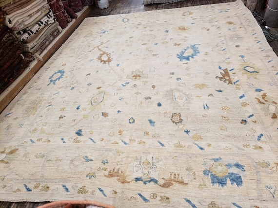 Oushak natural dyes Pakistan Mahal rug  Antigue design rug wool rug with green background vegetable dyes hand knotted 9'×12'