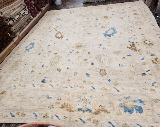 Oushak natural dyes Pakistan Mahal rug  Antigue design rug wool rug with green background vegetable dyes hand knotted 9'×12'