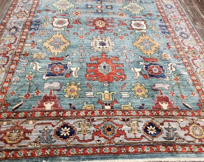 Oushak natural dyes Pakistan Mahal rug  Antigue design rug pashavar wool rug with green background vegetable dyes hand knotted 6'×9'