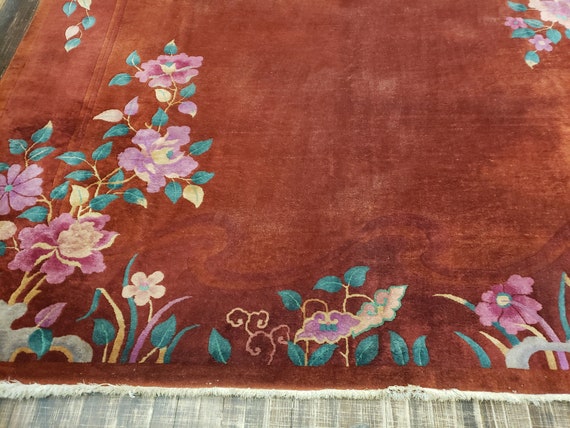 Peking Chinese Art Deco Antigue hand knotted wool rug with plam feld with royal blue colors border with rusty red and pink  size 8'8"×11'5"