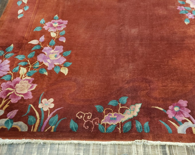 Peking Chinese Art Deco Antigue hand knotted wool rug with plam feld with royal blue colors border with rusty red and pink  size 8'8"×11'5"