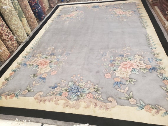 Chinese Art Deco Peking rug  90 line wool hand knotted  rug Aubusson Chinese rug  size 9'9"×13'7" oriental rug gray,beige,black Chinese rug
