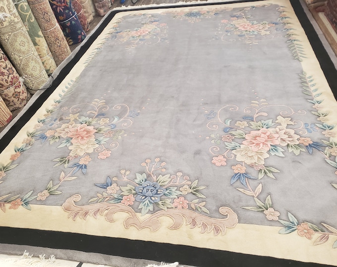 Chinese Art Deco Peking rug  90 line wool hand knotted  rug Aubusson Chinese rug  size 9'9"×13'7" oriental rug blue,beige,black Chinese ru