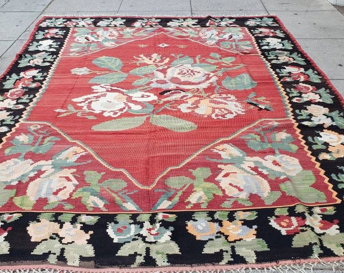 Antique Turkish bessarbaian kelim Flatweav handmade wool rug vintage Flatweav kelim tribal rug geometric design size 7'10"×10'5"