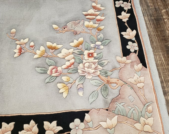 Chinese Art Deco Peking rug 120 line wool hand knotted  rug Aubusson Chinese rug size 4'×6' oriental rug black & Gary Chinese rug with birds
