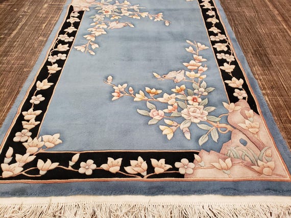 Chinese Art Deco Peking rug  90 line wool hand knotted blue and pink excellent quality wool rug size 4×6