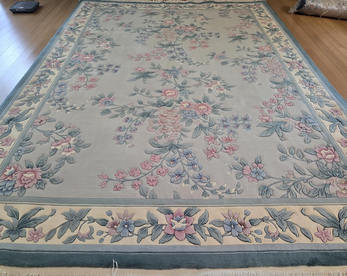 Chinese Art Deco Peking rug 90 line wool hand knotted  rug Aubusson Chinese rug size 9'×12  light green background &beige border Chinese rug