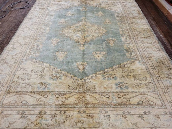 Turkish rug Turkish oushak rug vintage blue rug hand woven rug size 6'3"×9'2"
