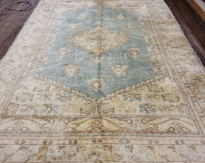 Turkish rug Turkish oushak rug vintage blue rug hand woven rug size 6'3"×9'2"