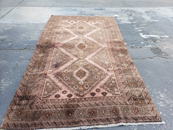 Afgan Turkmen faded rose red brown Bokhara wool tribal rug vintage rug distress handwoven oriental geometric rug size 4'×6'6"