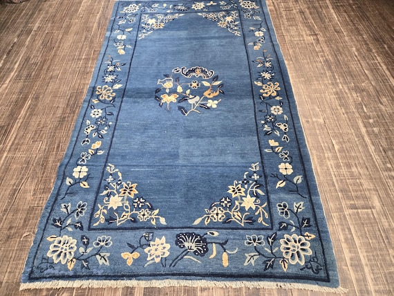 Peking Chinese Antigue  Art Deco vintage Chinese hand knotted wool rug Nicholas Chinese with indigo blue background size 4'3"×7'2"