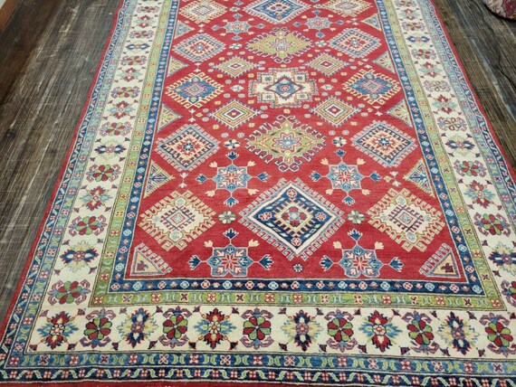 Kazak rugs kazak oriental rugs super kazak rug Afgan kazak  caucasian rugs Pakistani kazak  tribal rugs hand knotted kazak rug size 5'×7'9"