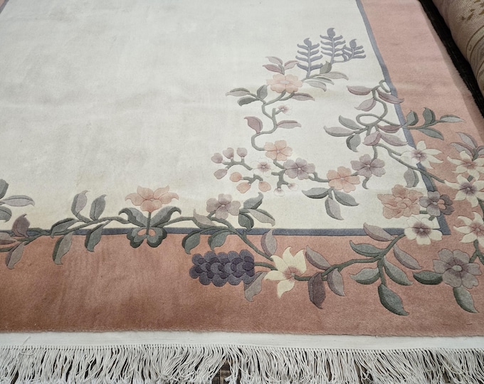Chinese Art Deco Peking rug  90 line wool hand knotted  rug Aubusson vintage Chinese rug size 8'×10' oriental rug pink&beige Chinese rug